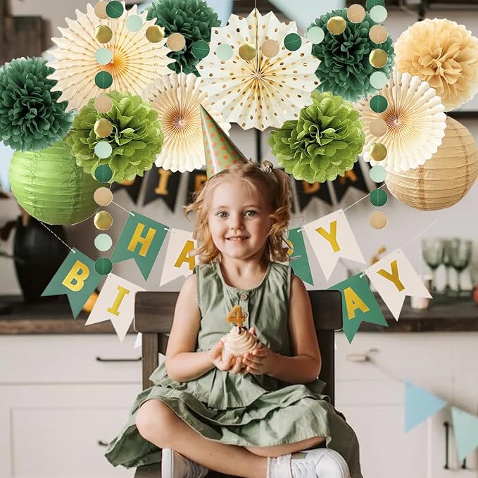 Green Birthday Party Decorations Olive Green Birthday Cream Tissue Pom Poms Paper Lanterns Circle Garland Hanging Paper Fans for Girls Women Neutral Boho Birth Day Decorations