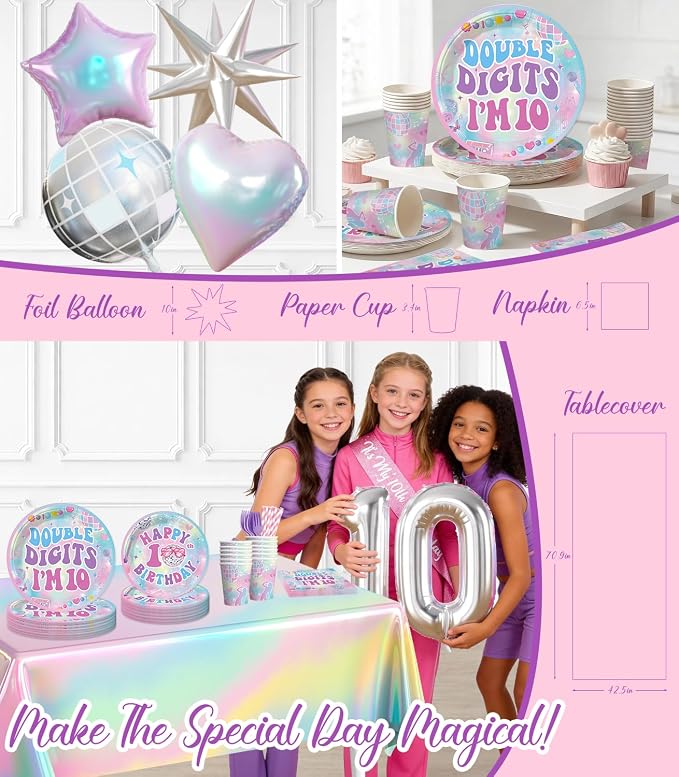 10th Birthday Decorations for Girls All-in-one Set, 279pcs Double Digits Birthday Girl Decorations Serves 25 with Backdrop Balloons Tableware Tablecloth Crown Sash Centerpiece Cupcake Toppers