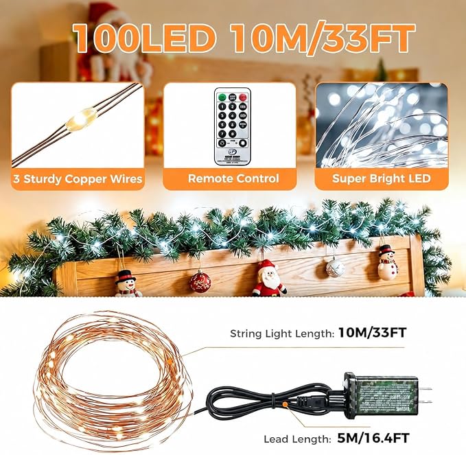 btfarm Fairy Lights Plug in with Remote, 33FT 100 LED Outdoor Twinkle Lights Waterproof with Timer, 8 Modes Indoor String Lights for Bedroom Patio Garden Wedding Christmas Decoration, Cool White