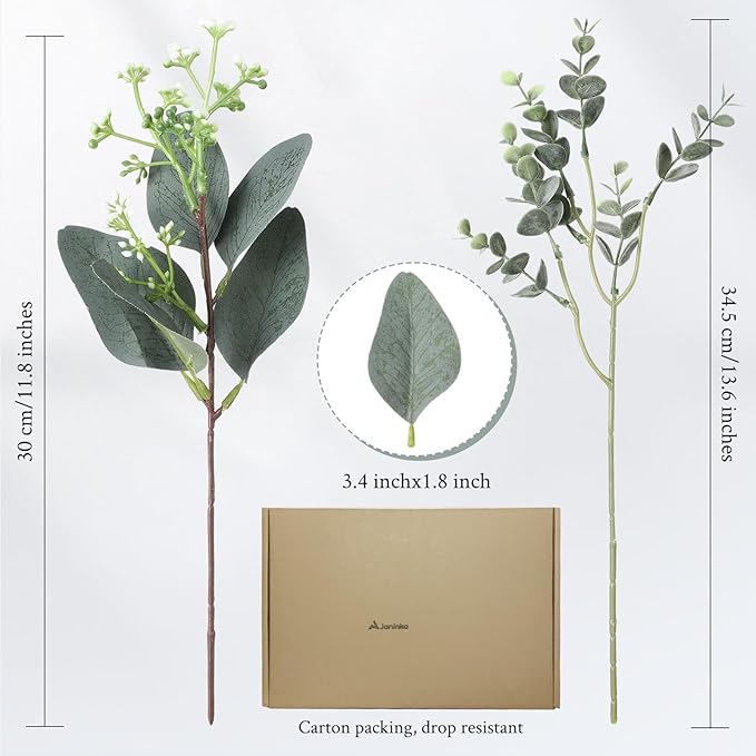 Janinka Mixed Eucalyptus Leaves Stems Bulk with White Seeds Artificial Silver Dollar Leaves Sprays Faux Oval for Wreath Garland Floral Bouquets Arrangement Wedding Greenery Decoration (10)