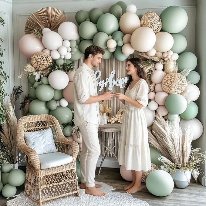 Sage Green White Balloon Garland Double Stuffed Dusty Green Cream Sand White Beige Latex Neutral Balloons Arch Kit for Boho Baptism Baby Shower Birthday Wedding Decoration