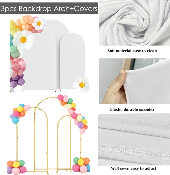 Wedding Arch Backdrop Stand and Cover Set, White, 6FT/6.6FT/7.2FT | Metal Arch Backdrop Stand, High Elasticity Arch Cover, For Wedding Birthday Baby Shower Celebration