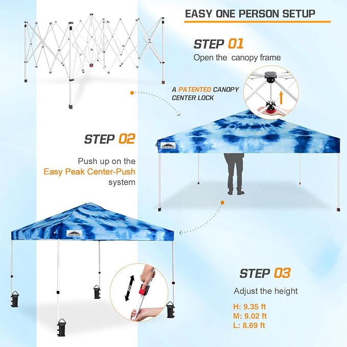 EAGLE PEAK Pop Up Canopy Tent with Wheeled Carry Bag, 8 Stakes, 4 Ropes, 4 Weight Bags, Easy Set Up Tent Canopy, 10x10 ft, 100sqft of Shade, Tie Dye Blue
