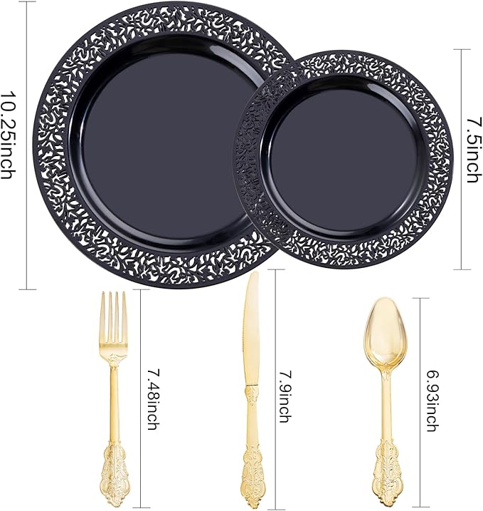 U-QE 150PCS Black Plastic Plates with Gold Plastic Silverware, Black Plates Disposable for Party Include 30 Dinner Plates 10.25", 30 Salad Plates7.5", 30 Forks, 30 Knives, 30 Spoons