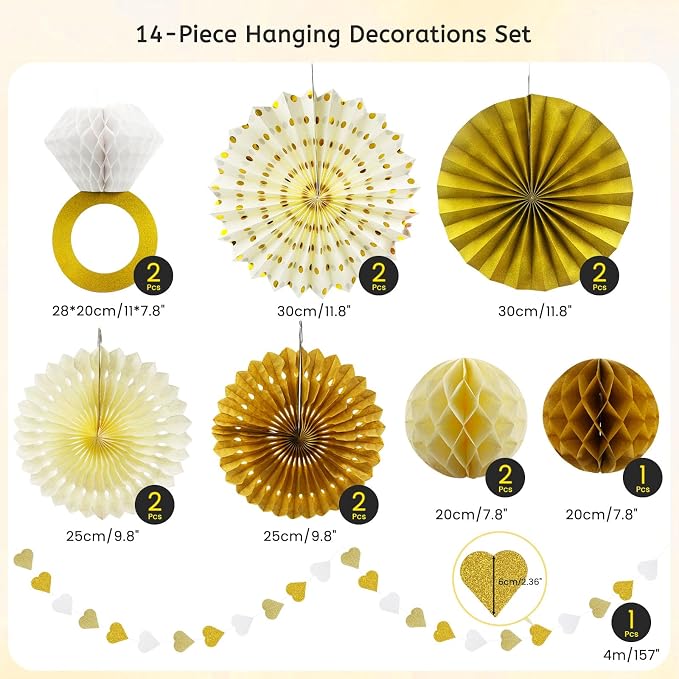 Daily Treasures 14PCS Gold White Engagement Party Decorations Kit - Hanging Ring Honeycomb Tissue Pom Poms,Paper Fans& 4m Banner for Engagement Wedding, Anniversary,Birthday Party Decor(Champagne)