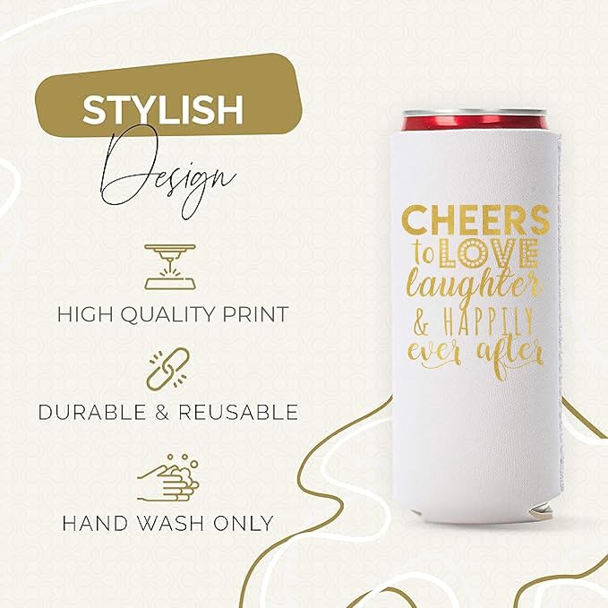 Wedding Can Cooler Decorations Set of 12 - Cheers to Love Laughter and Happily Ever After, Wedding Rehearsal Dinner Decorations - Bridal Showers, Engagement Party Favors for Guests and Supplies