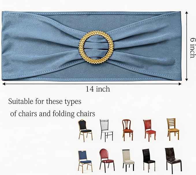 Pack of 50 Spandex Dusty Blue Chair Sashes with Gold Buckles, Stretch Chairs Bands Bows for Wedding Birthday Party Baby Shower Christmas Events Decorations (Dusty Blue Sashes, Gold Buckles)