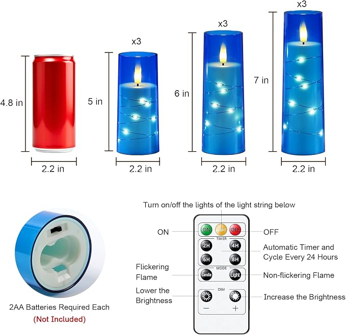 Raycare Independence Day Flameless Candle with Remote Timer – 9 Flickering Acrylic Battery Operated LED Pillar Candles with Embedded Star String for 4th of July Home Patriotic Decor, as a Gift (Blue)
