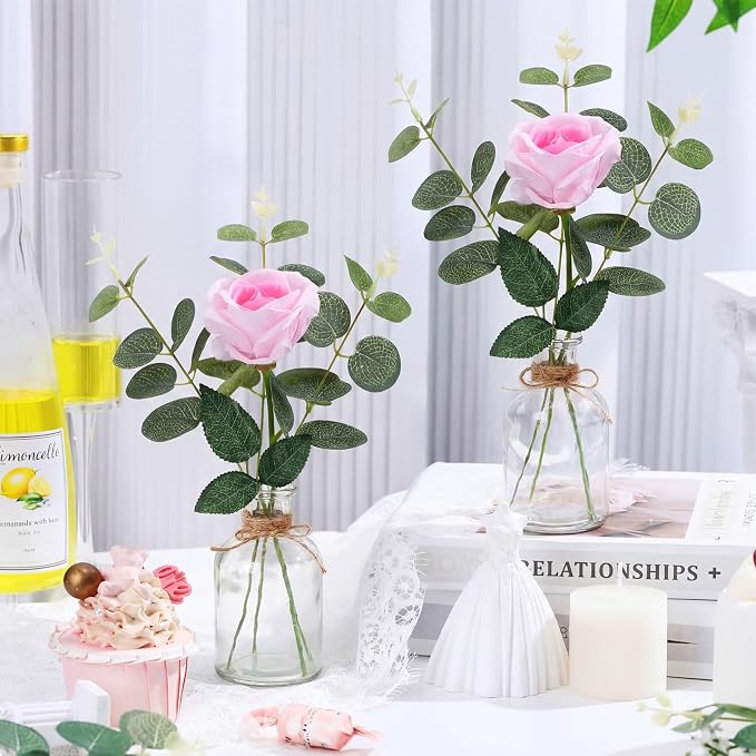 10 Set Vases Glass Centerpiece for Table 10 Small Clear Glass Vases 10 Artificial Roses 30 Leaves with Rope Flower Centerpieces for Wedding Arrangement Party Home Decoration (Pink)