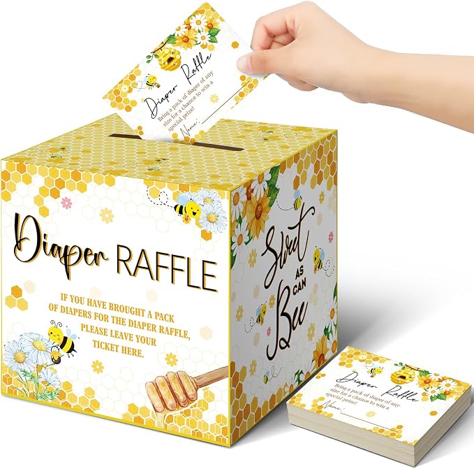 Teling 51 Pieces Diaper Raffle Tickets with Card Box Baby Shower Decorations Baby Shower Holder Box for Girl Boy Diaper Raffle Party(Bee)