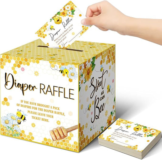 Teling 51 Pieces Diaper Raffle Tickets with Card Box Baby Shower Decorations Baby Shower Holder Box for Girl Boy Diaper Raffle Party(Bee)