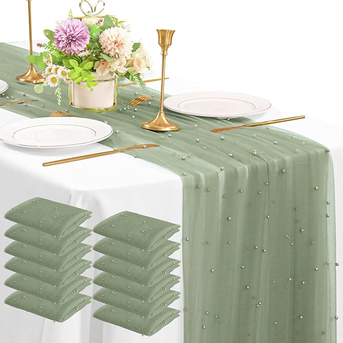 12 Pack 10FT Pearl Table Runner 30x120 Inch Sage Green Tulle Fabric Boho Rustic Sheer Table Runners Lace Table Cloth for Wedding Bridal Shower Birthday Party Arch Veil Dessert Table Decor (Sage Green)