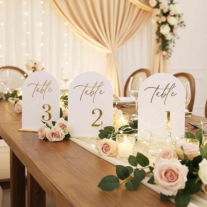 Wedding Table Numbers 1-20 with Stands,5x7 inch Arch Acrylic Table Numbers Signs with Gold Foil Embossed for Wedding Reception, Anniversary, Birthday,Party and Events Decor
