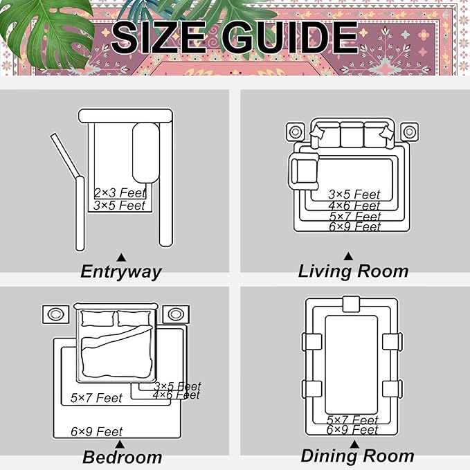 Pink Tiger Area Rug 3' x 5' Tropical Animal Carpet for Kids Bedroom Living Room Nursery Jungle Leaf Floor Mat Modern Aesthetic Non-Slip Doormat Carpet Home Decor
