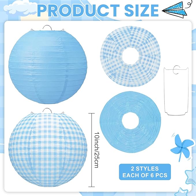 Honoson 12 Pcs Blue Gingham Paper Lanterns 10 Inch White and Blue Checkered Plaid Round Chinese Hanging Lanterns for Baby Boy Shower Wedding Birthday Picnic BBQ Decoration