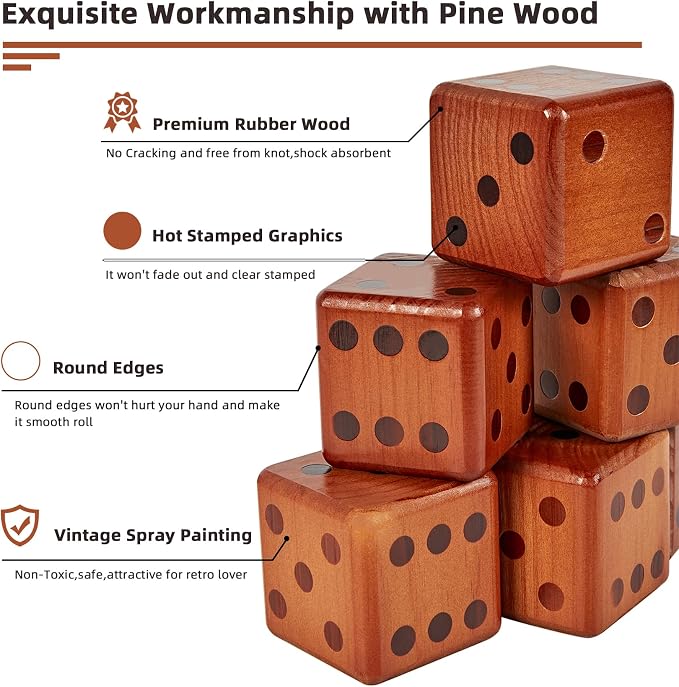 SpeedArmis 3.5" Giant Wooden Yard Dice Set - Large Lawn Yatzee with Scoreboard - Outdoor Beach Backyard Games for Adults Family (Including Collapsible Bucket)