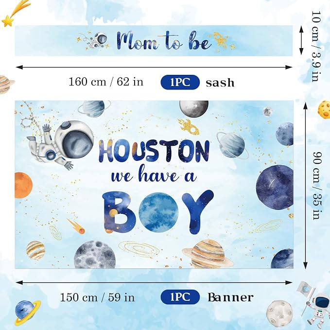 Outer Space Baby Shower Decorations for Boy Space Astronaut Welcome Baby Banner and Hanging Swirls Honeycomb Centerpiece Houston We Have A Boy Backdrop Mom To Be Sash for Party Supplies