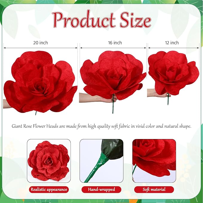 Norme 3 Pcs Giant Artificial Flowers Decoration 12, 16, 20 Inch Large Rose Petals Giant Flowers Large Red Rose for Wedding, Home Decor, Anniversary Birthday Valentine's Day