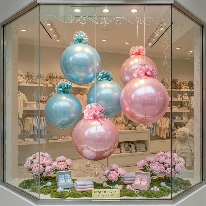 6 Pack Pink and Blue 4D Orb Balloons - 22 Inch Large Metallic Sphere Mylar Balloons with Pull Bows, Hanging Ceiling Decorations for Gender Reveal, Baby Shower & Baby Birthday Party