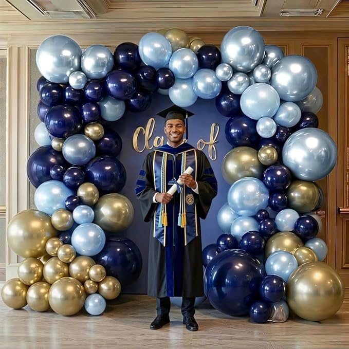 Blue Gold Balloon Arch Garland Double Stuffed Dark Navy Light Blue Gold Balloon Garland Kit for Birthday Graduation Baby Shower Anniversary Wedding Party Decorations