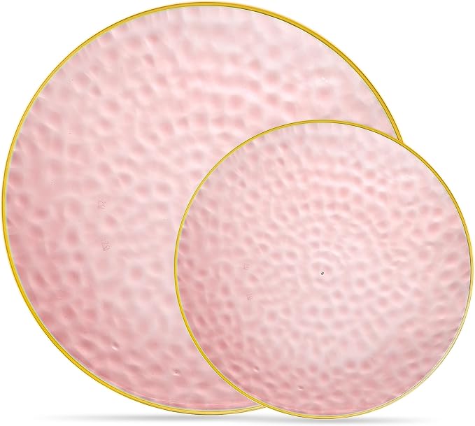 PLASTICPRO 32 Piece Combo Plates Set includes 16-7'' inch Plate & 16-10'' inch Plates Pink Hammered Plastic Party Plate Premium heavyweight Elegant, Disposable, Tableware, Dishes,