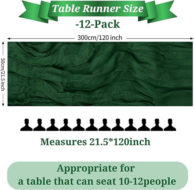 12 Pack Dark Green Cheesecloth Table Runner, 10FT Cheesecloth Rustic Boho Table Runner for Wedding Baby Shower Birthday Bridal Party Decorations(21.5×120 Inch)