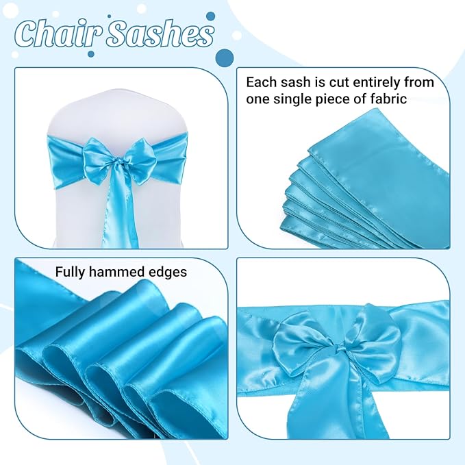 MDS Satin Chair Sashes, 125 Pack, 7”x108” Each, Decorative Chair Bows Ribbon Tie Backs for Wedding Party, Holiday Dinner, Birthday, Reception, Banquet, Hotel & Event Decoration - Turquoise