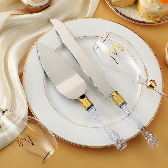 Boao 4 Pcs Wedding Cake Knife and Champagne Flutes Server Set, Wedding Reception Supplies Toasting Flutes Cylinder Champagne Glasses Cake Cutting Set for Engagement Gifts(Gold)