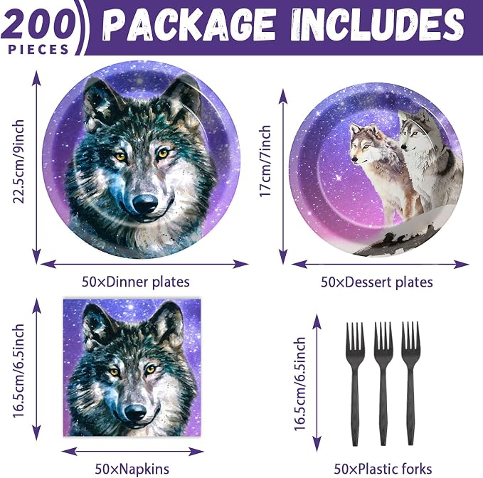 50 Guests Wolf Plates and Napkins Party Supplies Wolf Birthday Party Decorations Disposable Tableware Set Galaxy Animal Themed Dinnerware Favor for Kids Baby Shower Decorations, 200PCS