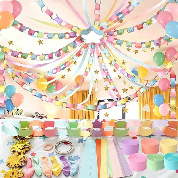 Pastel Paper Chain Garland Party Decorations Include 400 Sheet Paper Chain Strips,492ft Crepe Paper Streamers,52ft Star Strips Hanging,24 Balloons for Kid's Birthday Wedding Party Supplies