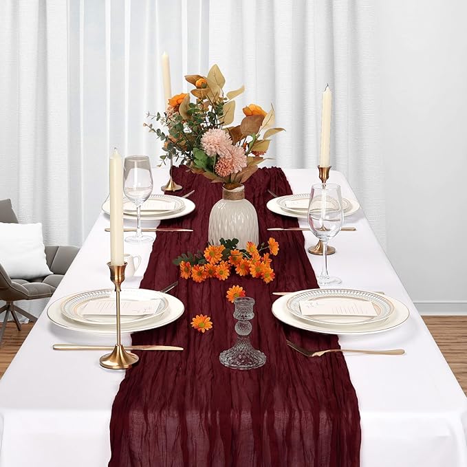 12 Pack Burgundy Cheesecloth Table Runner 10Ft Gauze Red Cheese Cloth Runner 35x120 Inch Boho Rustic Fabric for Holiday Party Decor Baby Shower Wedding Decorations