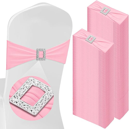 VitalCozy 150 Pcs Spandex Chair Sashes with Square Buckle Slider Stretch Chair Cover Band Universal Elastic Ties Straps Bows for Wedding Banquet Event Party Decoration(Light Pink)