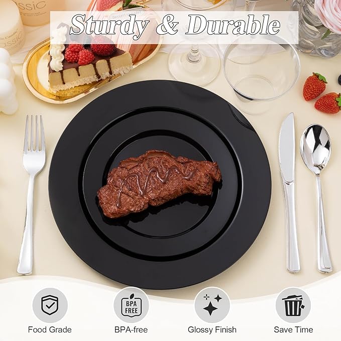 BESTSTAR 100PCS Black Plastic Plates Set, 50 10.25 inch Dinner Plates and 50 7.5 inch Dessert Plates, Premium Disposable Plates for Party, Wedding