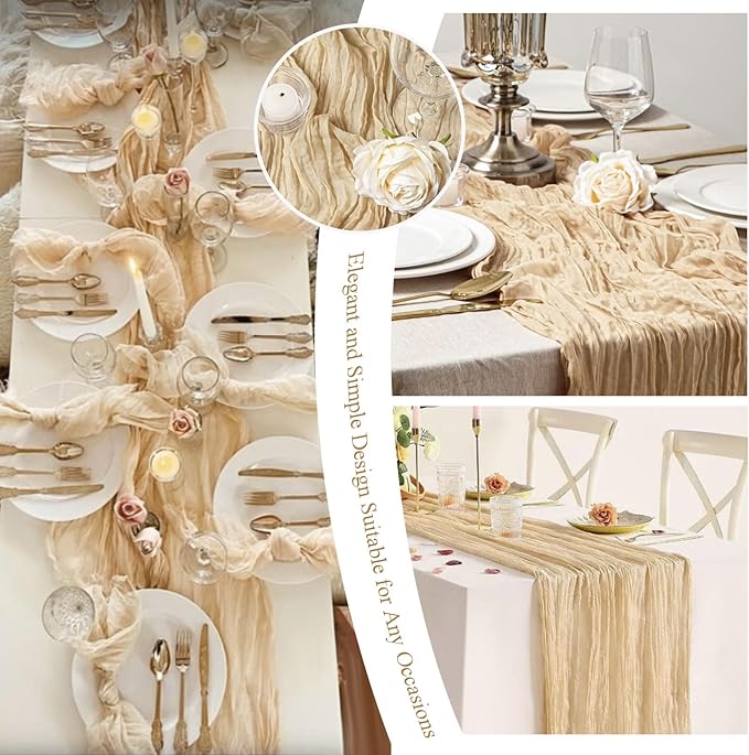 20 Pack Beige Cheesecloth Table Runner 10FT Long Boho Gauze Fabric Table Runner Vintage Rustic Sheer Runners for Wedding Party Bridal Baby Shower Table Decorations