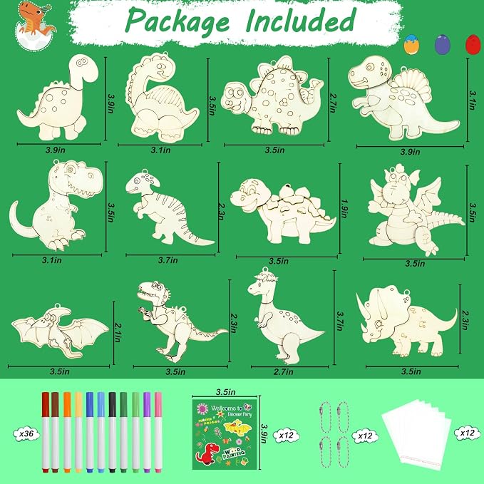 12 Pack Dinosaur Party Favors, Wooden Painting Kit Art and Crafts for Kids Dino Painting Toys Birthday Party Return Gifts Goodie Bag Filler Pinata Stuffer Classroom Prizes Wood Keychain Paintable Kit
