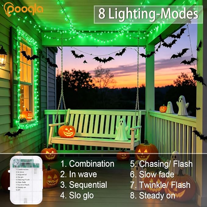 Pooqla 2 Pack String Lights Battery Operated, Total 66.6ft 200 LED Fairy Lights Indoor Outdoor Decorations, 8 Modes Green Battery Lights for Halloween Christmas Bedroom Porch Party Yard Decor