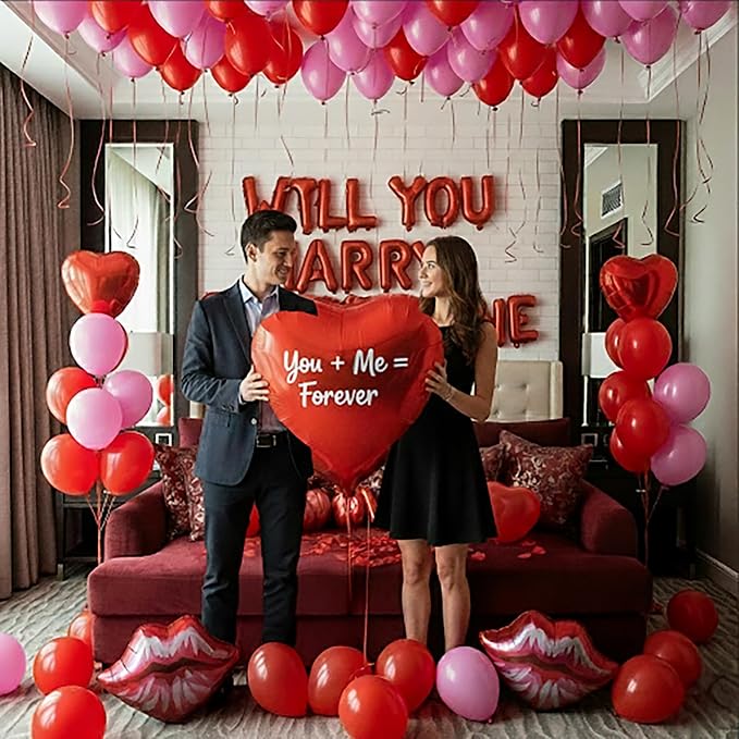 Will You Marry Me Decorations red Will You Marry Me Proposal red lips Foil Letter Balloon Heart Shaped Petal Balloon for Valentine's Day