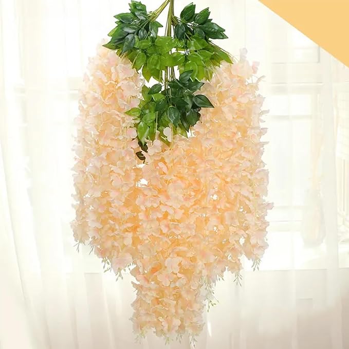 5 Pack Champagne Wisteria Hanging Flowers Garland, 3.77 Feet Artificial Flower Vines, Fake Wisteria, Artificial Vines Hanging Garland for Backdrop Outdoor Yard Garden Decor