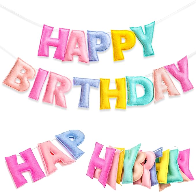 Pre-Strung Happy Birthday Banner - Felt Ball Garland, Rainbow Party Decorations, HAPPY BIRTHDAY Garland, Personalized Birthday Sign for Birthday Decor, Party Decor, Photo Prop (Pastel Happy Birthday Banner)