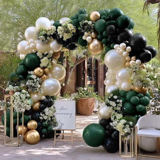 Dark Green Black Balloon Arch Double Stuffed Emerald Hunter Green, Pearl White Sand Gold Balloon Garland Kit for Birthday Wedding Anniversary Bridal Baby Shower Graduation Party Decoration