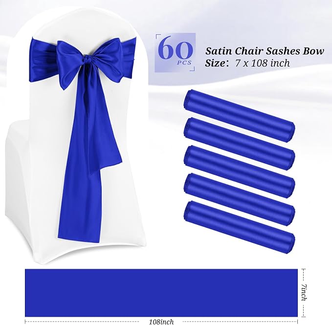 Pesonlook 60 PCS Royal Blue Satin Chair Sashes Bows Satin Chair Sashes Universal Chair Cover for Wedding Reception Restaurant Event Decoration Banquet,Party,Hotel Event Decorations (7 x 108 inch)