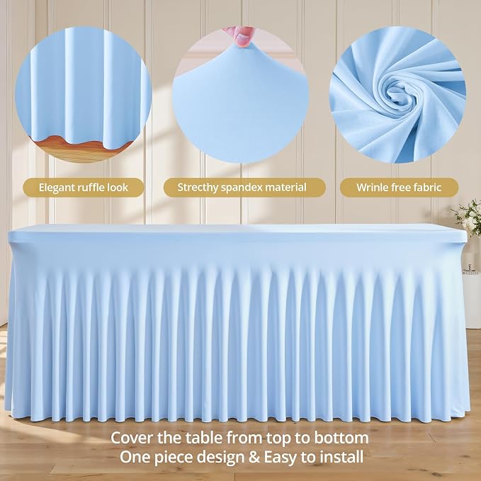 Baby Blue Spandex Tablecloths for Rectangle Tables 6 Foot Light Blue Stretch Table Cloth Rectangle 6ft Elastic Fitted Table Cover with Skirt for Wedding Baby Shower Boy Birthday Party Banquet Buffet