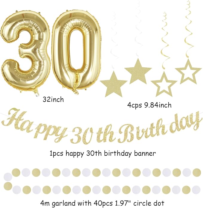 White Gold Women 30th Happy Birthday Party Decorations Hugmoon | 21pcs Kit 30th Balloon,Cute Girl Banner,Streamers,Tissue Paper Pom Poms Flowers Fans,Birthday Garlands Decor Backdrop