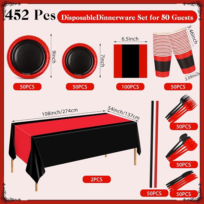 Funnymoom 452 Pcs Red and Black Party Decorations, Red and Black Paper Plates Cups Napkins Tablecloth Cutlery Straws Baby Shower Wedding Birthdays Party Supplies, 50 Guests