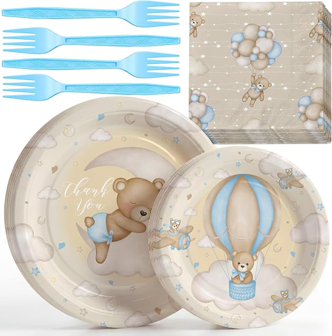 Teddy Bear Baby Shower Plates and Napkins Set for Boy – We Can Bearly Wait Baby Shower Decorations – Serves 20, Paper Plates, Napkins – Bear Party Supplies Decorations Tableware for Birthday