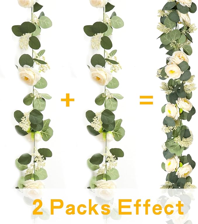 2 Packs Eucalyptus Garland with Flowers, 6.56ft Artificial Flower Greenery Garlands Natural Looking, Floral Garland Rose Vines for Party Wedding Table Backdrop Wall Decor