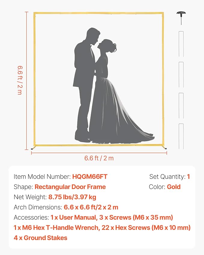 VEVOR Arch Backdrop Stand, 6.6 x 6.6 ft, Stable Structure, Easy Assembly, Square Gold Metal Arch Backdrop Stand for Wedding, Birthday Party, Graduation, Holiday Celebration, and Ceremony Decoration