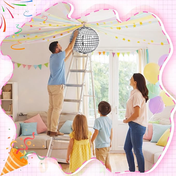 Spakon 14 Pcs Pastel Birthday Party Decoration Kit 492ft Colorful Crepe Paper Streamers Garland 5 Silver Disco Ball Balloons 26.24ft Gold Star Garland Backdrop 1 Tape for Classroom Fancy Party Decor