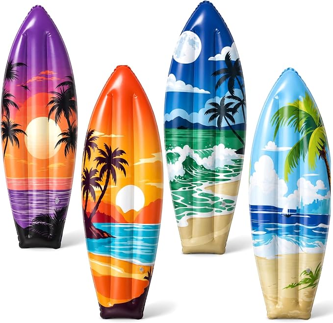 JellyArch 4 Pcs Summer Inflatable Surf Board 36 Inch Inflatable Luau Hawaiian Pool Party Decorations Beach Sunset Blow up Palm Tree Tropical Surfboard for Wall Beach Party Birthday Decoration
