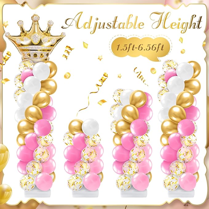 Kasyat 2 Sets Princess Party Balloon Column Stand Kit with 2 Crown Foil Balloons 100 Latex Balloons, Adjustable Stands Pink and Gold Balloon Stand Kit for Baby Shower Birthday Party Supplies